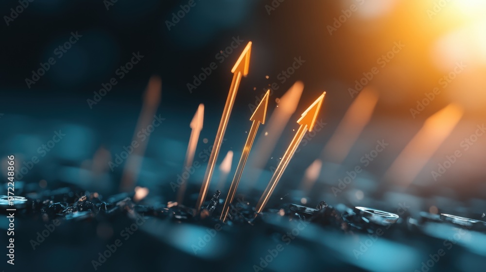 Poster visual representation of milestones and achievements with rising arrows in dynamic atmosphere