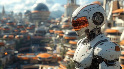 A futuristic robot overlooking a vibrant cityscape.