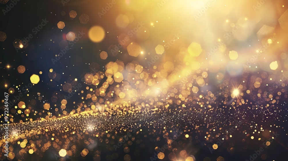 Poster golden glittering bokeh lights on dark blue background—defocused abstract festive pattern with blurr
