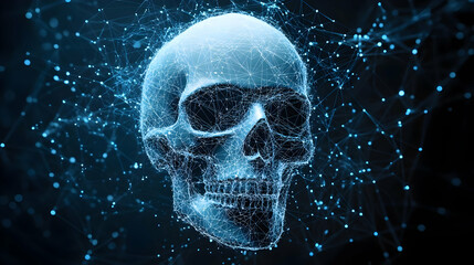 Abstract 3D Skull Composed of Blue Lines and Points with a Dark Background, Representing a Digital, Tech, Network, or Artificial Intelligence Concept