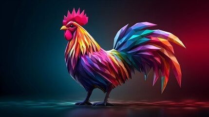 Fototapeta premium A Vibrant and Colorful Polygonal Rooster Standing on a Dark Background with Glowing Lines