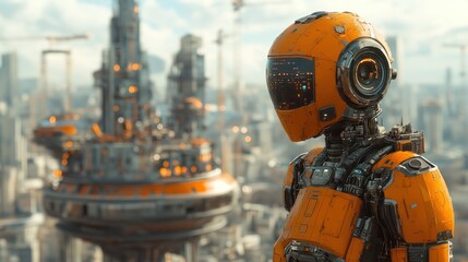 A futuristic robot overlooking a high-tech cityscape.