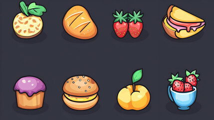 Cartoon Illustration of Various Food Items Including a Pineapple, Bread, Strawberries, a Sandwich, a Cupcake, a Hamburger, a Peach and Strawberries in a Cup.