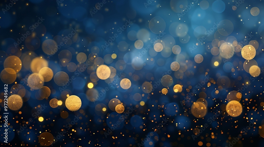 Poster golden glittering bokeh lights on dark blue background—defocused abstract festive pattern with blurr