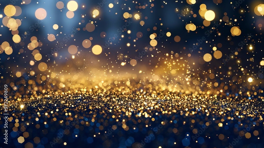 Poster golden glittering bokeh lights on dark blue background—defocused abstract festive pattern with blurr