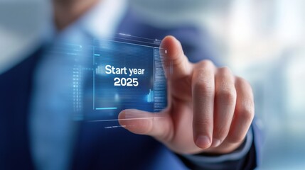 A business professional interacting with a digital interface to signify the start of the year 2025 with futuristic elements.