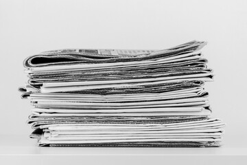 a large stack of newspapers on the table is a black and white photo