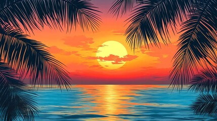 Obraz premium Sunset over a tropical ocean with palm trees in the foreground.