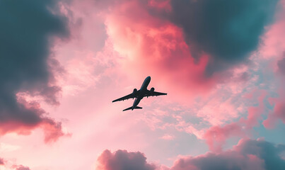 Naklejka premium Silhouette of a commercial airplane flying through a pink and blue sky.