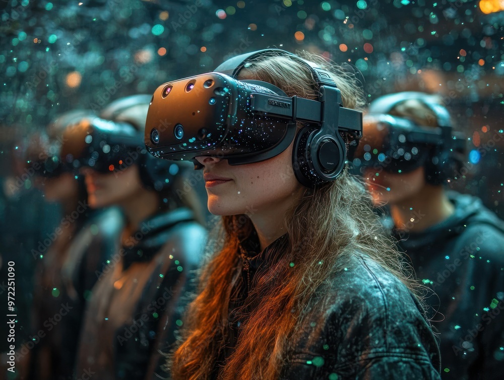 Poster group of individuals using virtual reality headsets in a dynamic setting.