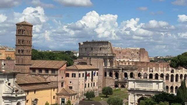 View of Ancient Colosseum, Arch of Constantine, Arch of Titus and Roman Forum, Rome, Italy