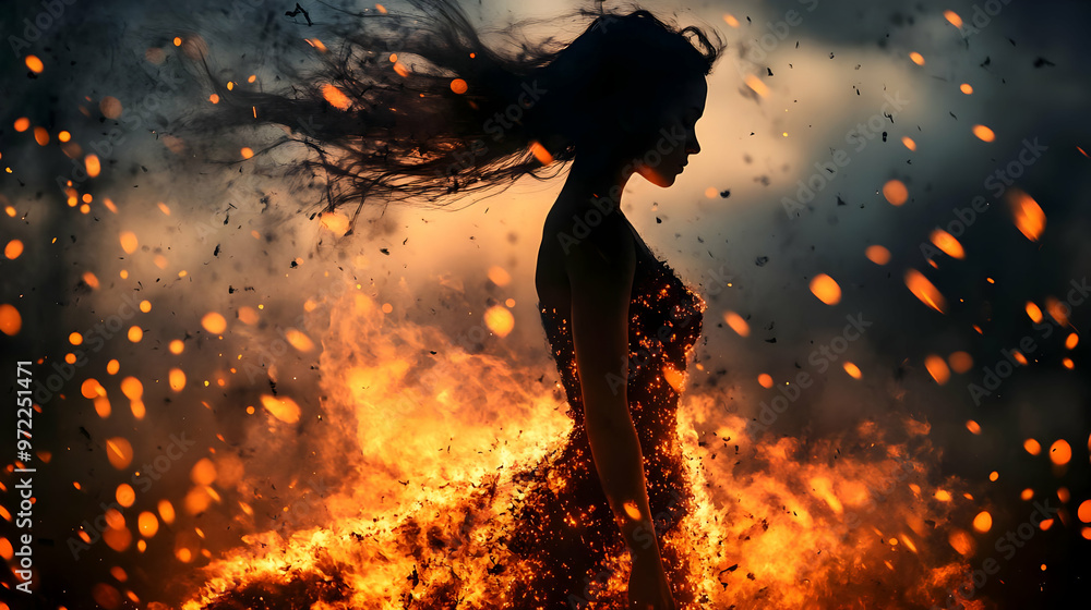 Wall mural Woman in Fire Burning Dress Fiery Silhouette