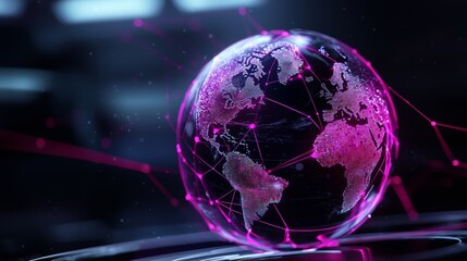 Obraz premium A holographic globe with key business industries highlighted, each connected by intricate networking lines, visualizing a global corporate structure