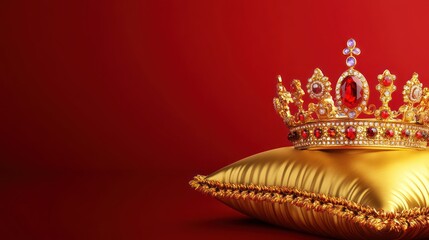 Obraz premium A golden crown adorned with jewels rests on a luxurious golden pillow against a red backdrop.