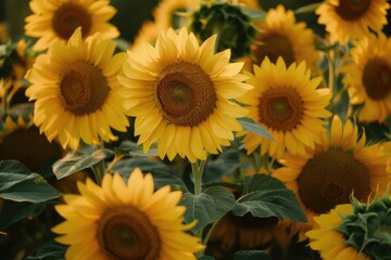 Fototapeta premium A vibrant field of yellow sunflowers with green leaves, perfect for use in agriculture, gardening, or nature-themed designs