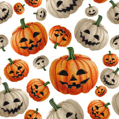 Watercolor white and orange pumpkins seamless pattern. Halloween jack o lantern print.