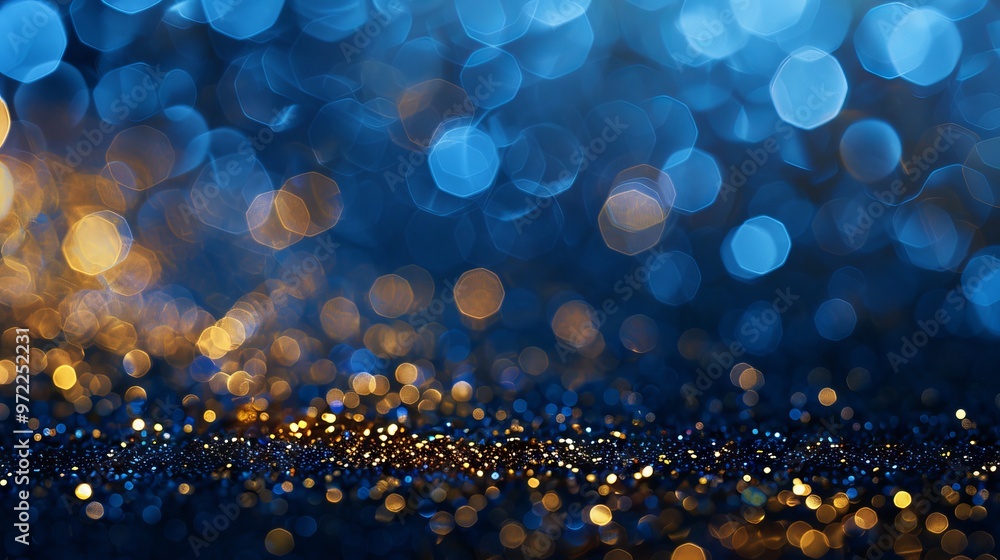 Poster golden glittering bokeh lights on dark blue background—defocused abstract festive pattern with blurr