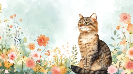A watercolor painting of a tabby cat sitting in a field of flowers.