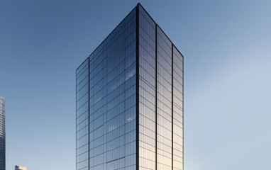 Obraz premium A reflective high-rise in the business district, its glass walls seamlessly blending into the surrounding skyline, creating a sleek, modern look
