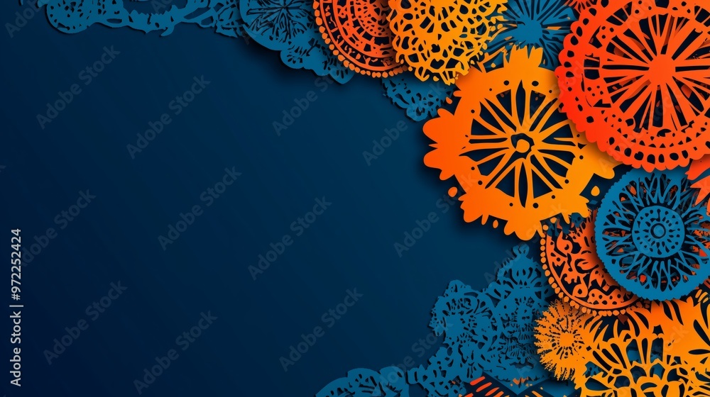 Wall mural Hispanic heritage month background. Vector banner, poster for social media, networks. Greeting card with copy space. National Hispanic heritage month text, Papel Picado pattern on blue background.