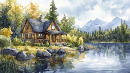 Fototapeta premium A watercolor painting of a cozy cabin by a lake in the mountains.