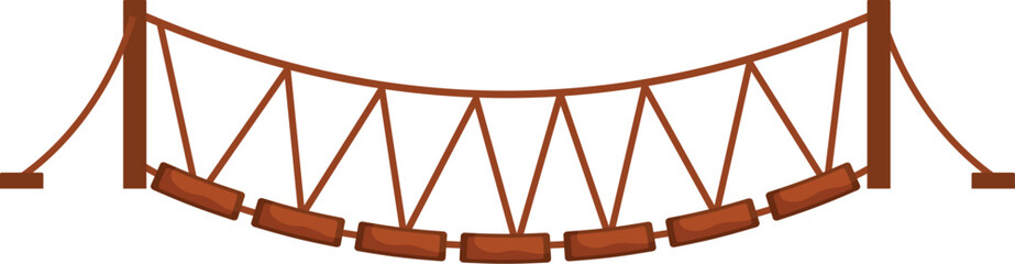Cartoon wooden suspension bridge with ropes and planks hanging between two wooden poles © nsit0108