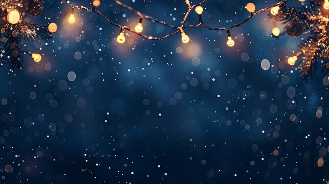 Festive Christmas garland with glowing bokeh lights on a dark blue background, creating a magical holiday atmosphere perfect for seasonal decorations, winter celebrations, and joyful event designs.