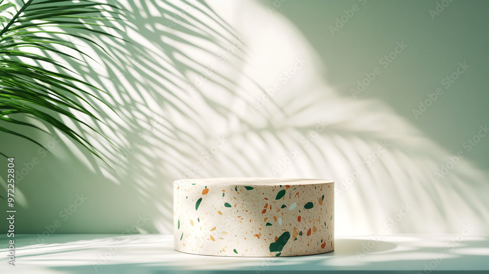 Poster terracotta planter with colorful speckles on a minimalistic table with palm shadows