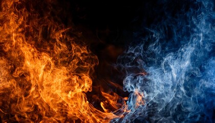 火 炎 暖かい オレンジ 赤 黄色 燃焼 対比 氷 冷たい 青 白 煙 凍結 対立 光 影 融合 アート デュアリティ