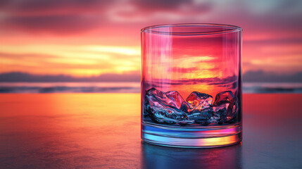 A glass of ice with a beautiful sunset reflected in it.