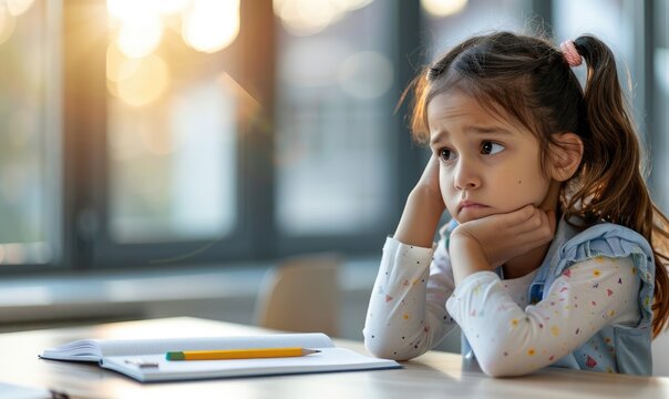 Upset Schoolgirl in Uniform at Desk with Sunlight Through Window
