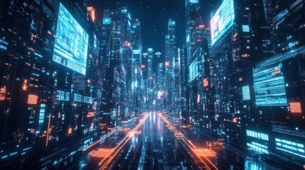 Fototapeta premium Futuristic cityscape with glowing buildings and digital elements.