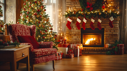 Cozy Christmas living room with glowing tree, lit fireplace, and rustic wooden table in warm festive ambiance