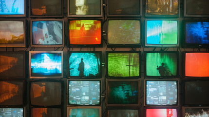 Wall of televisions displaying various colorful broadcasts.