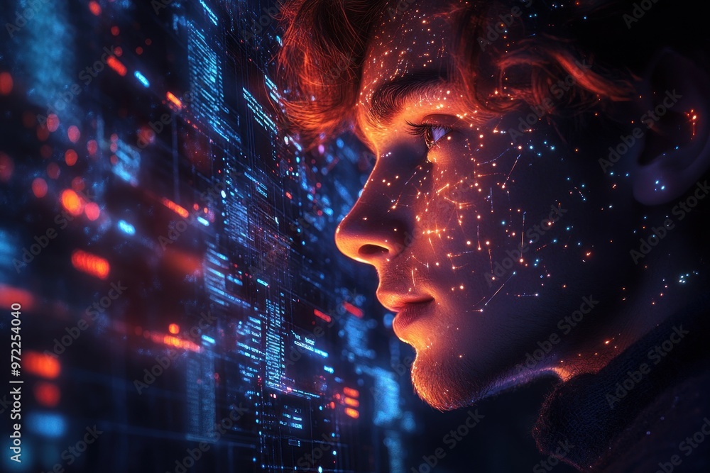 Poster a profile of a young man illuminated by digital data patterns.