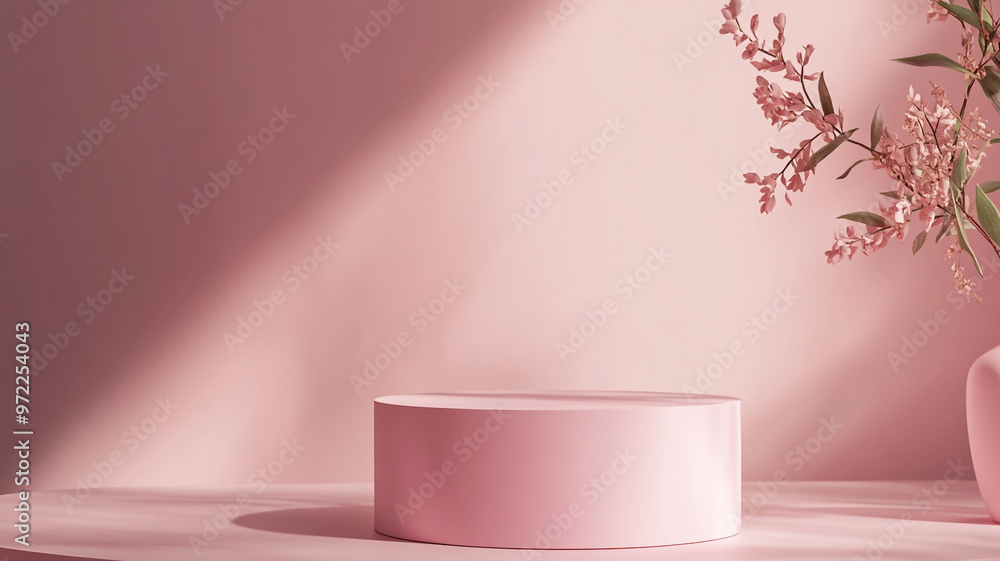 Poster elegant pink display with a circular platform and delicate flowers in a soft light setting