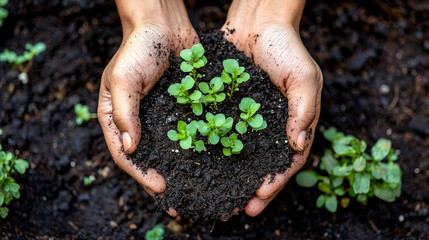 Hands nurturing a young plant in the soil, symbolizing growth, care, and connection to nature