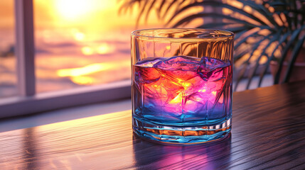 A glass of colorful cocktail with ice cubes, illuminated by the warm glow of a sunset