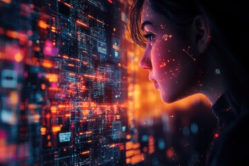 A profile of a person observing a digital interface filled with data.