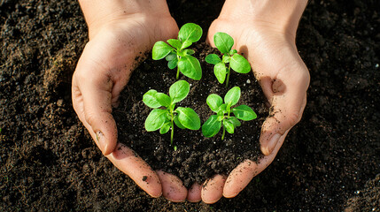 Hands nurturing a young plant in the soil, symbolizing growth, care, and connection to nature