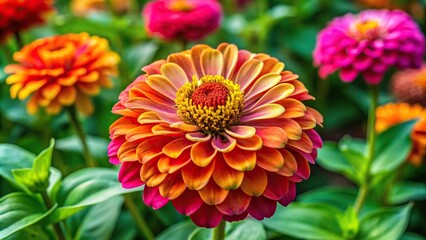 Close-up colorful zinnia flower and green leaves in nature
