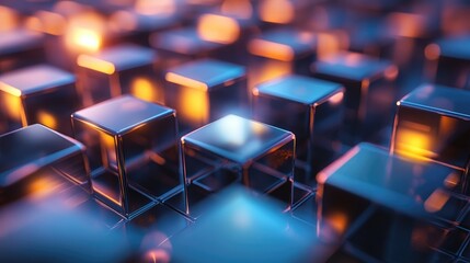 Obraz premium A close-up shot of a grid of shiny metallic cubes with a warm glow.
