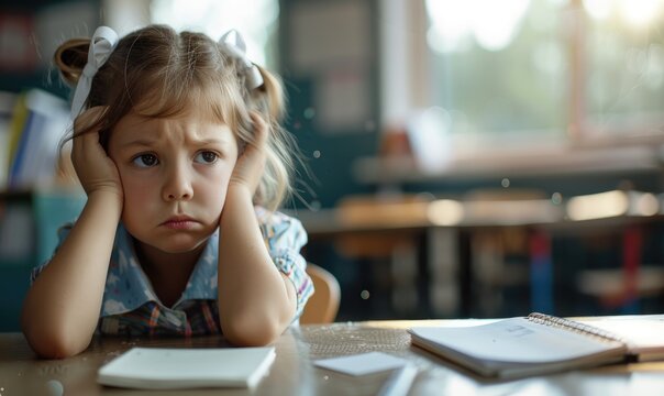 Upset Schoolgirl in Uniform at Desk with Sunlight Through Window - Powered by Adobe