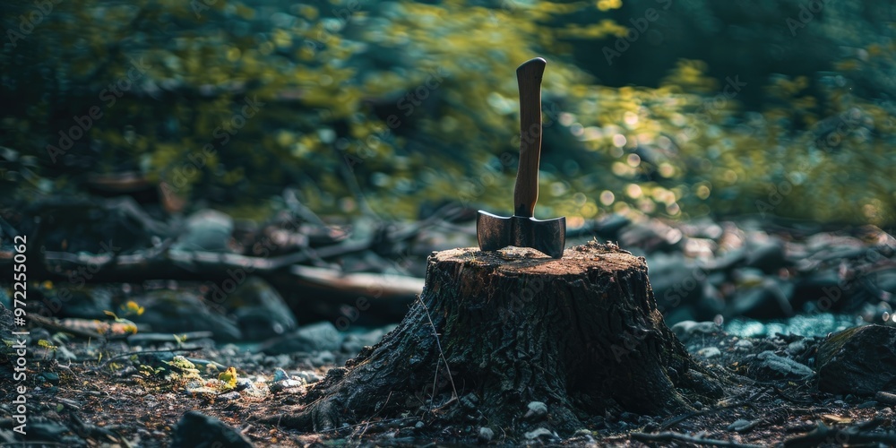 Poster Axe Entrenched in a Tree Base in the Forest