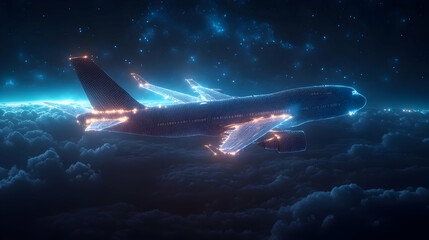 Fototapeta premium A Digital Airplane Soars Through the Night Sky Above Fluffy Clouds in a Glowing Wireframe Design