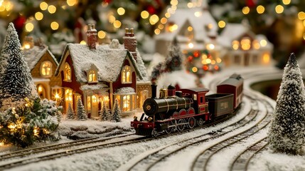 Charming Christmas Train Set in Miniature Winter Village with Snow-Covered Roofs and Tiny Lights