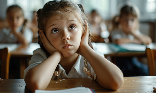 Upset Schoolgirl in Uniform at Desk with Sunlight Through Window