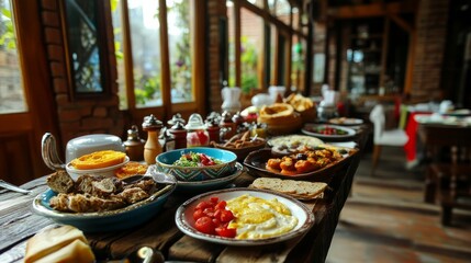 Turkish breakfast photo in traditional colors, taken in Üsküdar, Istanbul, Turkey (Turkiye)