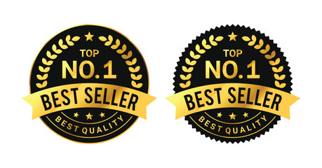 Set of Best seller label template. Gold round circle frame with laurel and stars icon. Elegant, luxury, modern and simple for Award, medal, badge, sticker, tag, emblem, logo. vector Illustration
