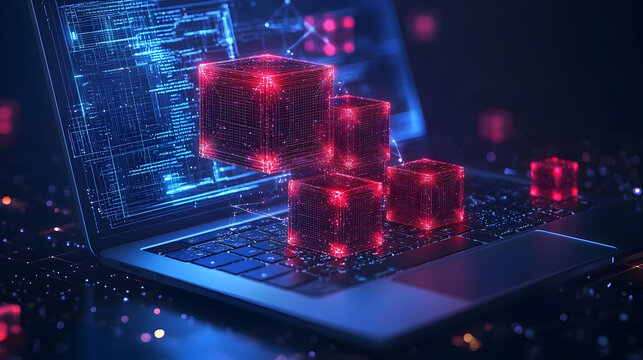 Abstract 3D Red Cubes Hologram Floating Above Laptop Keyboard with Blue Digital Code on Screen
